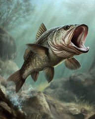 Obraz premium large fish leaps out of water, showcasing its powerful body and open mouth. underwater scene is filled with rocks and aquatic plants, creating vibrant natural habitat