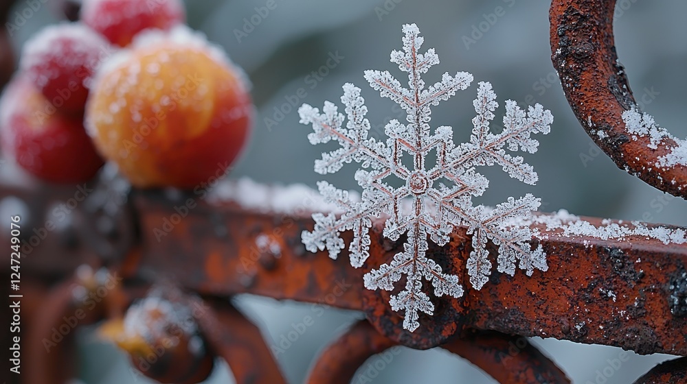 Poster a close-up of a snowflake on a rusty railing with frosted fruits.