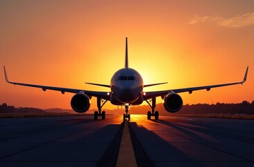 Fototapeta premium airplane on runway at sunset, wings spread out, sunlit sky background. Concept of aviation, travel, adventure, flying into the sunset