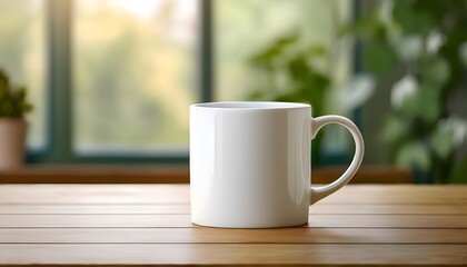 Fototapeta premium Plain blank white ceramic mug mockup standing on the wooden table