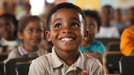 A group of smiling children in the classroom, looking up at the teacher as they eagerly participate in a class discussion. The energy and engagement in the room are clear,