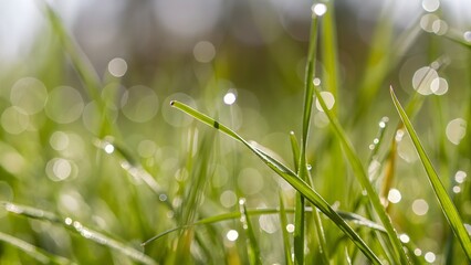Fototapeta premium Close up of fresh green grass with dew a blurre