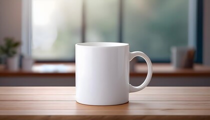 Plain blank white ceramic mug mockup standing on the wooden table