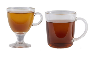 Two transparent glasses, one with lighter tea on a pedestal, and the other with darker tea. Both liquids fill glasses halfway.