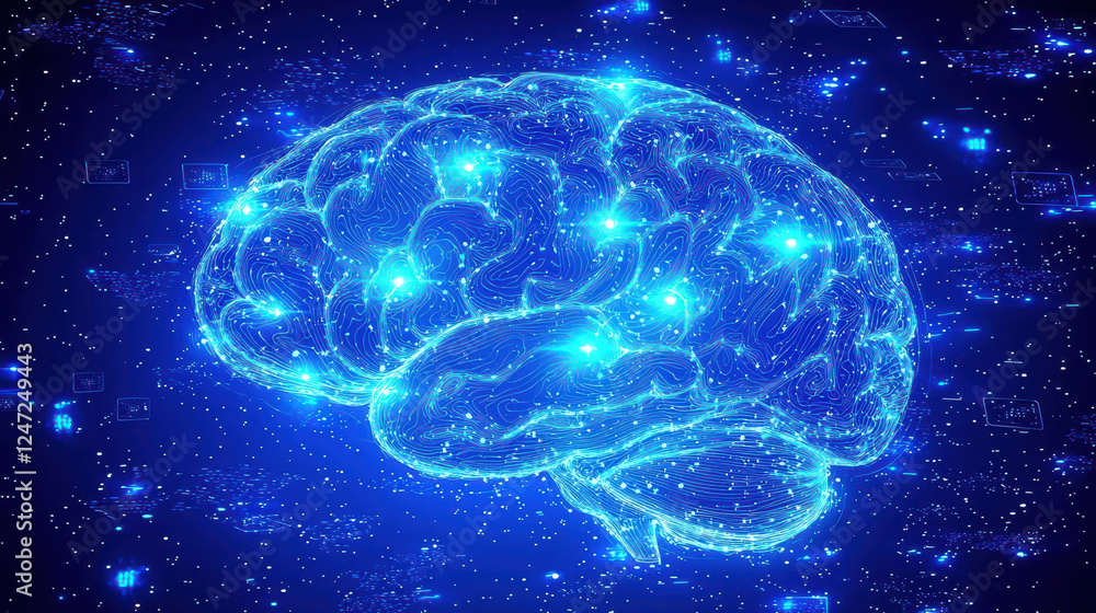 Poster luminous brain of neon light trails symbolizes thought flow and neural activity against a deep blue 