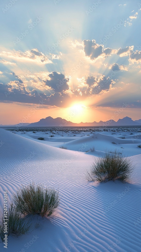 Poster golden sunlight bathes the soft, undulating dunes as the sun sets behind distant peaks. cloud patter