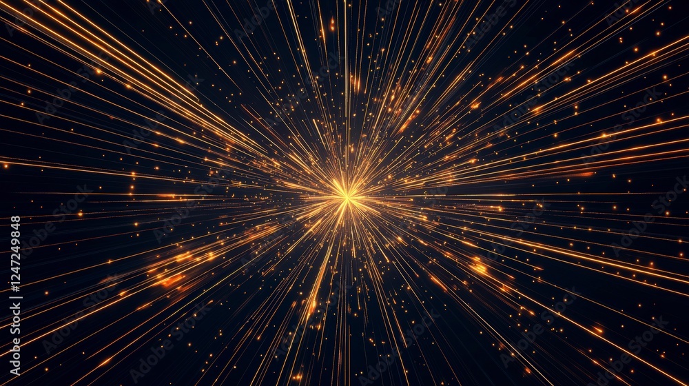 Poster dynamic explosion of golden light particles radiating outward against a dark background, creating a 