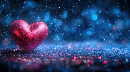 Fototapeta premium Glittering red heart on blue sparkle, romantic backdrop, Valentine's Day