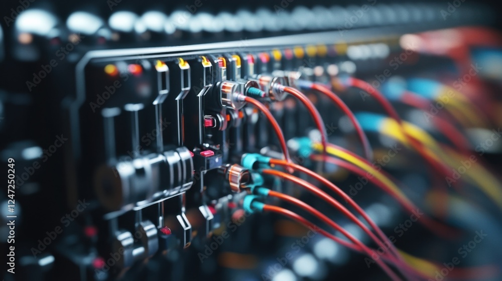 Poster close up of a circuit board showcasing intricate wiring and connectors, highlighting the complexity 