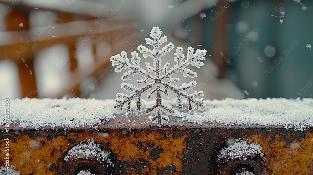 Poster a snowflake rests on a rusty surface, surrounded by falling snow.