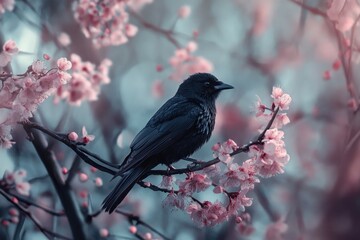 Obraz premium Black bird perched on cherry blossom branch in springtime garden
