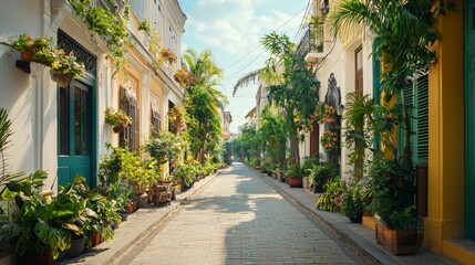 Fototapeta premium Charming street lined with vibrant plants and colorful buildings under a clear blue sky.