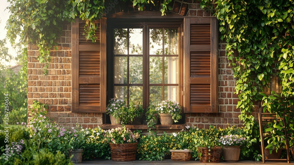 Poster charming rustic window adorned with vibrant flowers and greenery, creating a serene and inviting atm