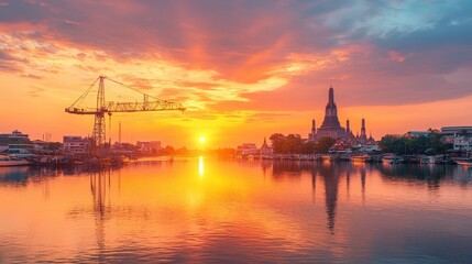 Obraz premium A vibrant sunset over a river, featuring silhouettes of cranes and a temple, reflecting warm colors on the water's surface.