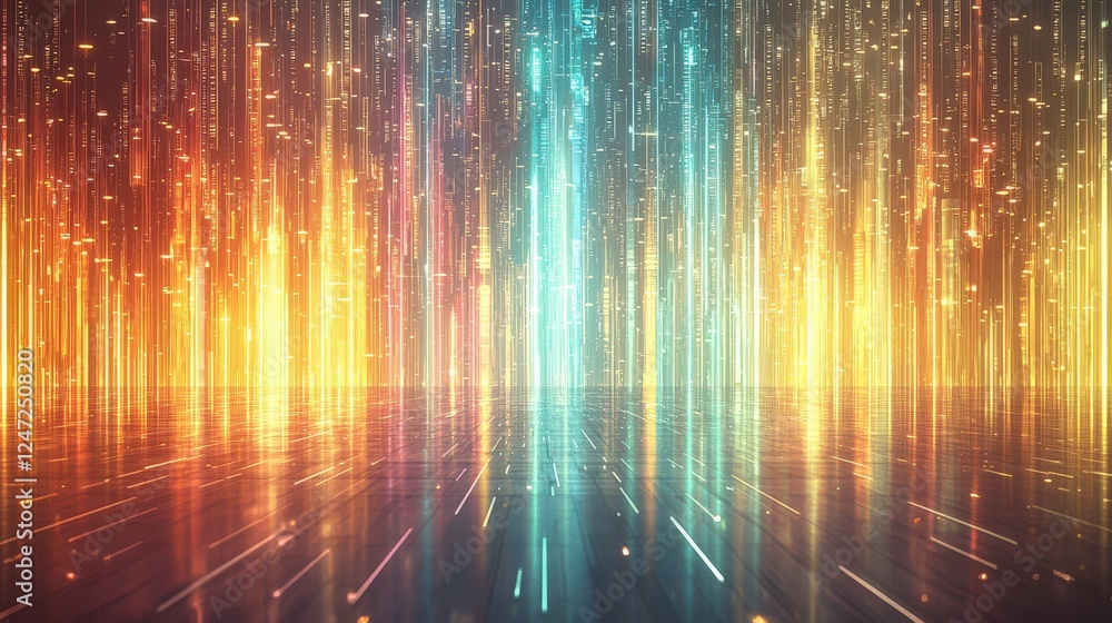Poster vibrant abstract background with glowing vertical lines in orange, blue, and gold, creating a dynami