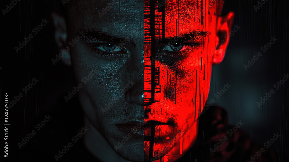 Poster digital manipulation of a face showing a blend of reality and deepfake distortions with a cyber-secu