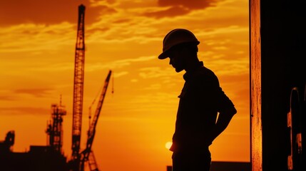 silhouette of a worker against the background of an industrial building