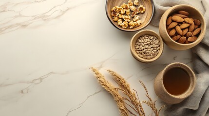 Healthy snacks, marble, top view
