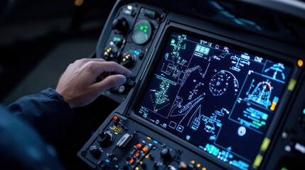 Fototapeta premium A pilot pressing control panel buttons to manage the aircraft with a cockpit windshield view ahead