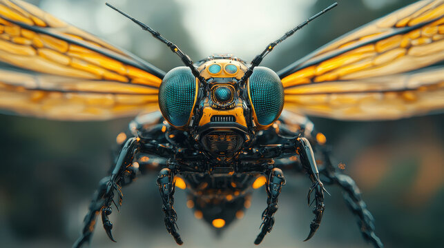 Futuristic dragonfly drone hovers gracefully in a stunning cyber city skyline, showcasing advanced biomechanical design and unmatched agility