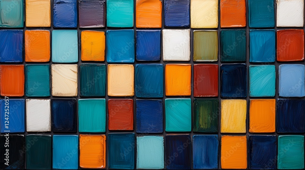 Poster vibrant geometric mosaic pattern with colorful tiles in dynamic arrangement