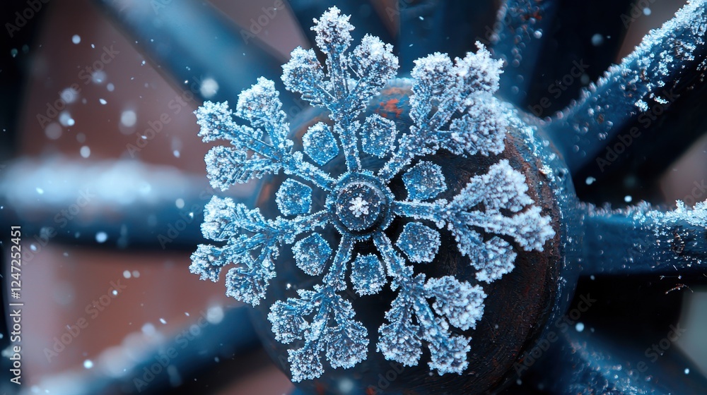Poster a close-up of a snowflake resting on a wheel, showcasing intricate details.