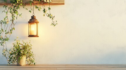 A vintage lantern hangs against a textured wall, surrounded by greenery and a potted plant, creating a serene and inviting atmosphere.