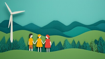 Leaders Discuss Ideas on Paper Cut Concept with Nature Background and Wind Turbine