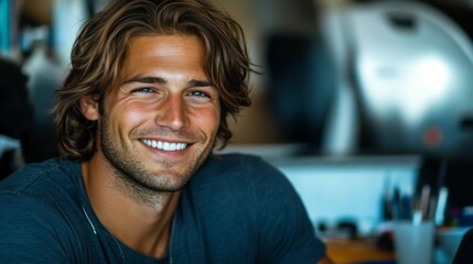 Obraz premium Smiling man with medium length hair researching on a laptop generative ai