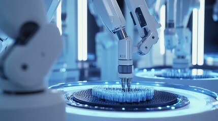 Robotic arms conducting precise experiments in a high tech laboratory setting, showcasing innovation in automated scientific research and technology with a futuristic atmosphere