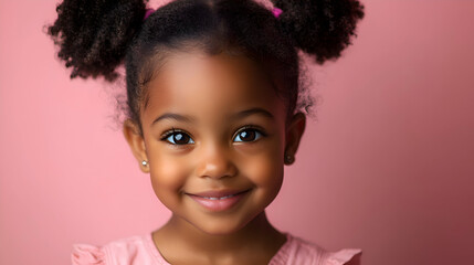 A joyful African-American girl with a contagious smile, against a soft blush pink background. The soft pink tones complement her radiant energy