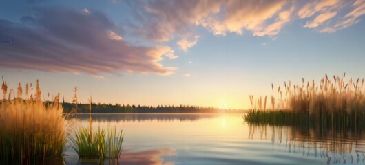Fototapeta premium Ruhige Wasserlandschaft die mit Schilf umrandet ist . Sonnenuntergang . KI Generated