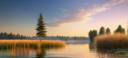 Obraz premium Ruhige Wasserlandschaft die mit Schilf umrandet ist . Sonnenuntergang . KI Generated