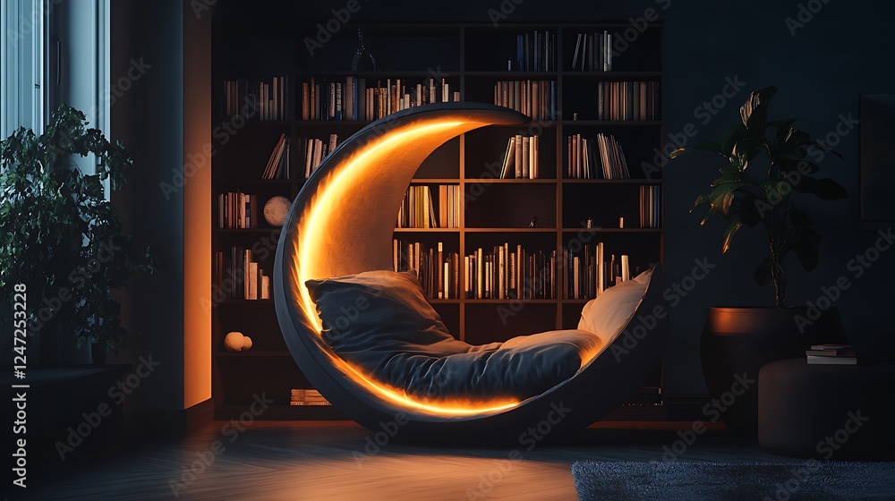 Aufkleber a relaxing reading nook with a crescent-shaped bookshelf and glowing ambient lights