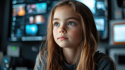 Young student engages with AI tutor in futuristic classroom exploring deepfake technology and digital manipulation techniques