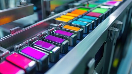 Colorful ink cartridges are aligned on an automated production line, showcasing modern manufacturing technology. The vivid hues highlight precision engineering and innovation in printing