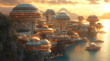 A futuristic Martian cityscape with domes and towers under a vivid sunrise, symbolizing space colonization and technological advancement on a red planet. A visionary scene of new beginnings.

