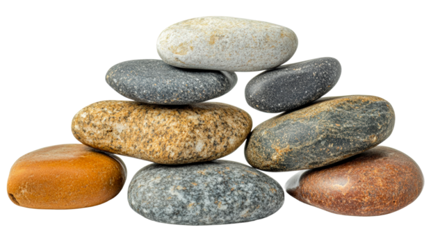Stacked river stones arrangement nature still life outdoor isolated on transparent background