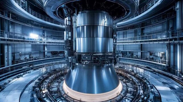 Advanced machinery of a high tech fusion reactor with plasma inside a tokamak chamber within a high tech facility, emphasizing precision and innovation