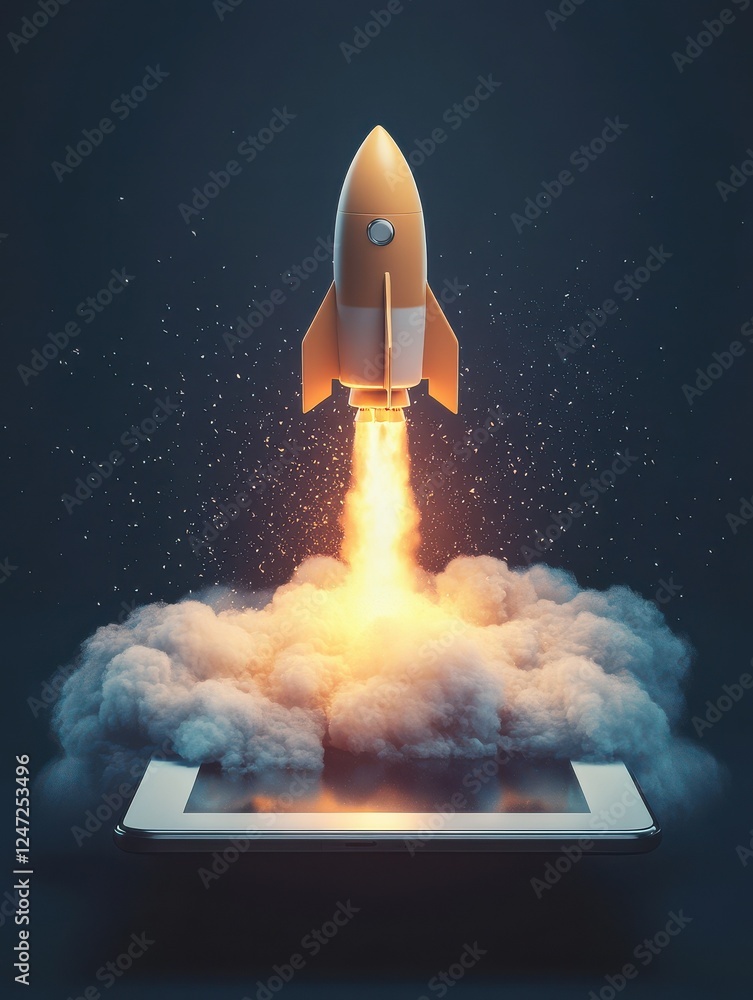 Poster start up concept with abstract rocket launching from tablet screen on dark grey background. 3d rende