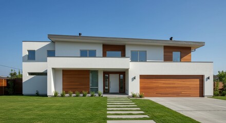 A contemporary single story house with a flat roof and an angular design. The exterior features white walls, large glass windows and wooden panel accents
