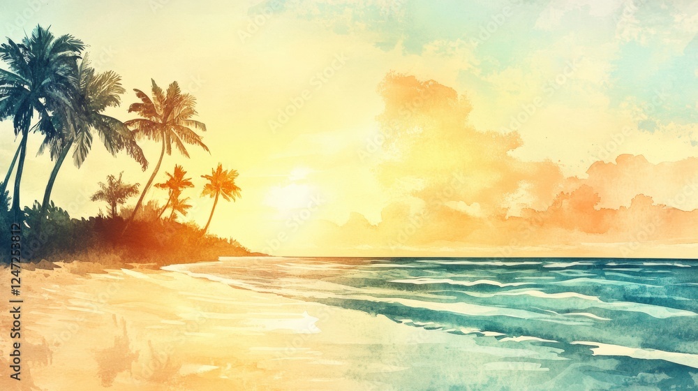 Poster beautiful watercolor illustration of a tranquil beach at sunset with palm trees and gentle waves. ge