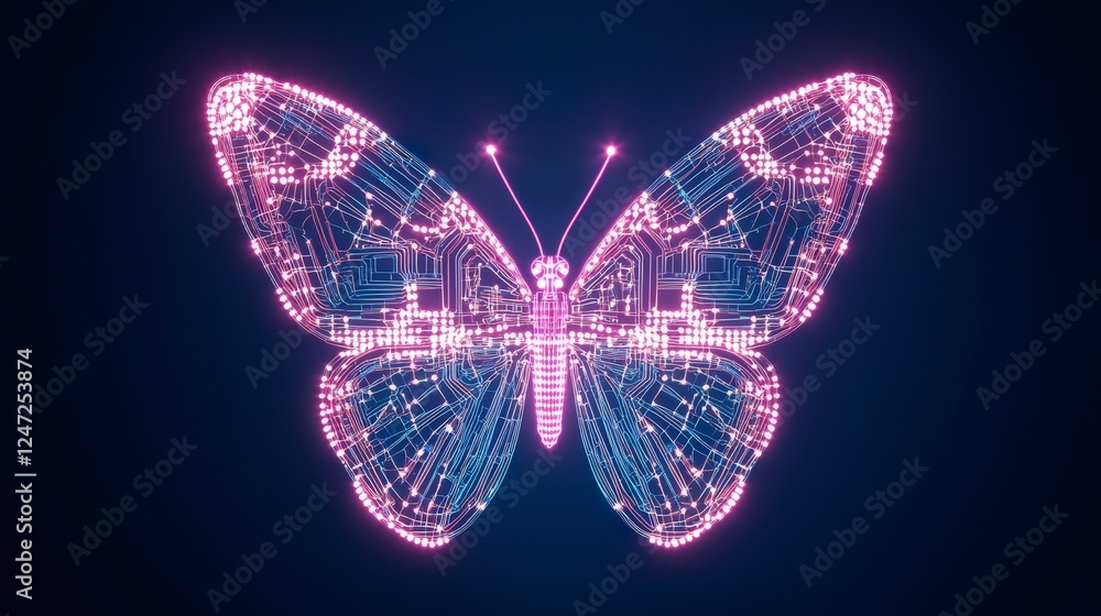 Poster digital butterfly design with vibrant neon colors and geometric patterns, symbolizing technology and