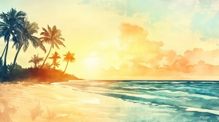 Obraz premium Beautiful watercolor illustration of a tranquil beach at sunset with palm trees and gentle waves. Generative AI