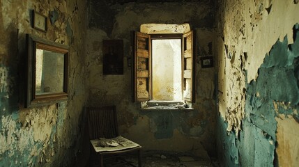 Abandoned room with peeling walls and open windows in a derelict building during daylight