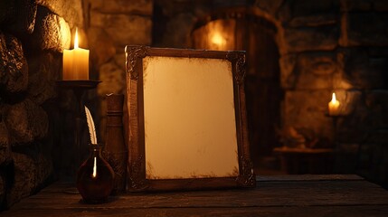 Candlelit workspace with an empty frame and ink bottle in a rustic stone setting