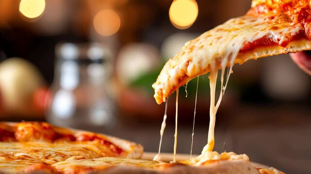 Tempting cheese pull from a hot pizza slice showcases delicious gooey texture, highlighting irresistible melted cheese