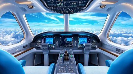 Naklejka premium Cockpit view of a flight deck displaying jet throttle control panel and windows with a clear view of the blue sky and clouds