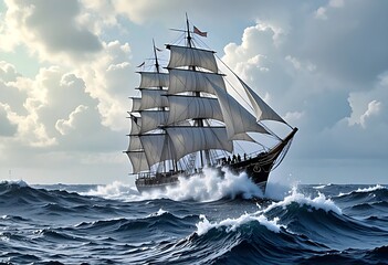 Rough sea with a ship sailing against giant waves