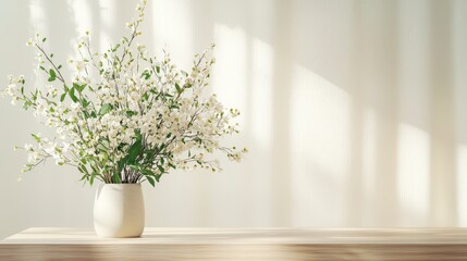 A delicate bouquet of white flowers in a simple vase sits on a wooden table, bathed in soft light against a textured wall.